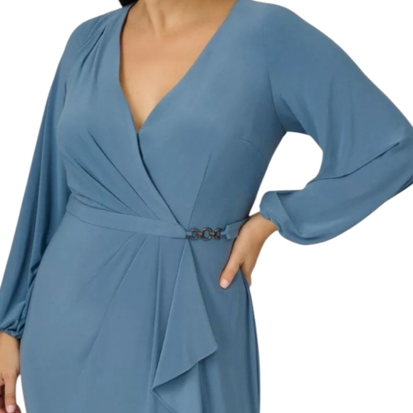 Adrianna Papell Blue Knit V Wrap Top Side Ruffle Slit Maxi Formal Dress NWT - Picture 4 of 9